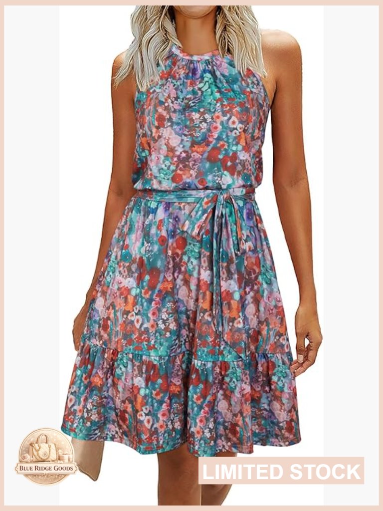 Halter Neck Midi Dress A-Line Flowy Ruffle Hem Keyhole Back With Pockets